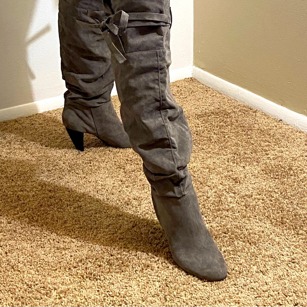 Gray faux suede Over the knee boot with a heal